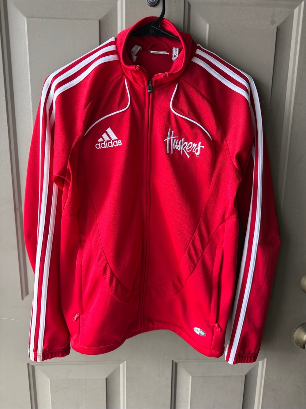 Adidas Red Women's Husker zip up with White Stripes